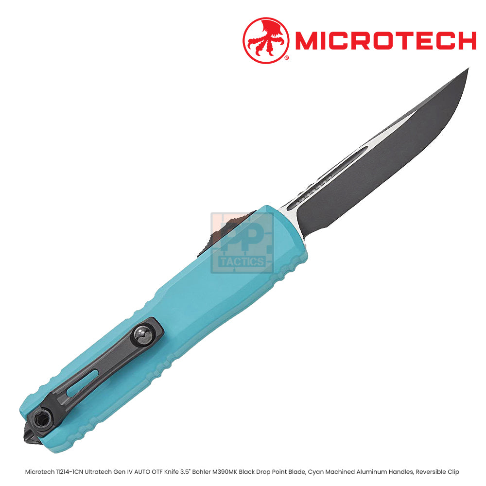 Microtech 11214-1CN Ultratech Gen IV AUTO OTF Knife 3.5" Bohler M390MK Black Drop Point Blade, Cyan Machined Aluminum Handles, Reversible Clip