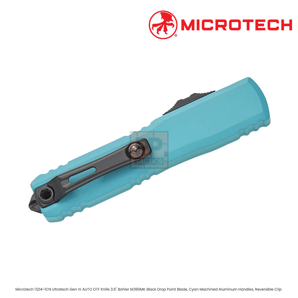 Microtech 11214-1CN Ultratech Gen IV AUTO OTF Knife 3.5" Bohler M390MK Black Drop Point Blade, Cyan Machined Aluminum Handles, Reversible Clip