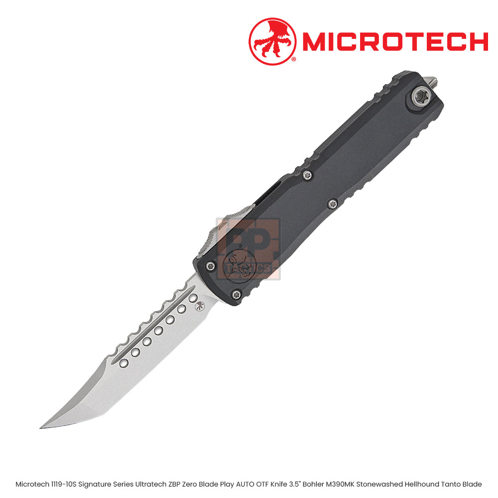 Microtech 1119-10S Signature Series Ultratech ZBP Zero Blade Play AUTO OTF Knife 3.5" Bohler M390MK Stonewashed Hellhound Tanto Blade, Black Hefted Aluminum Handles, Reversible Clip