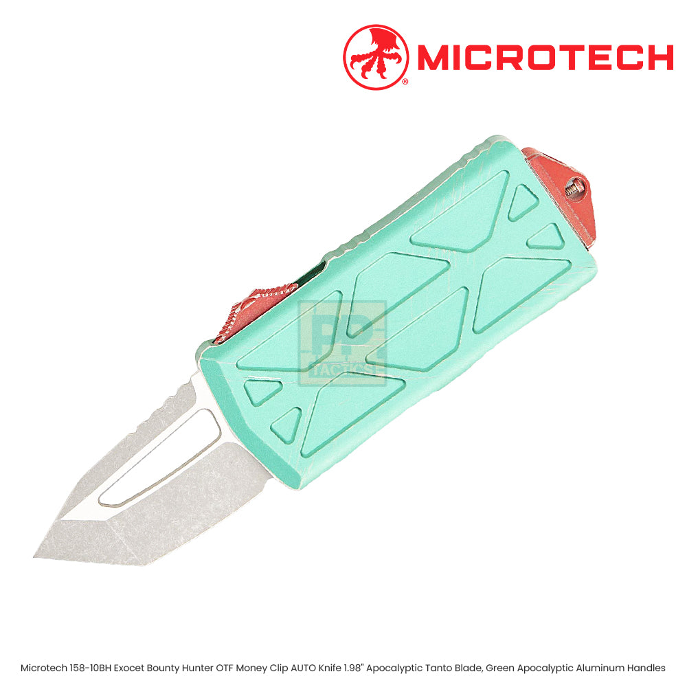 Microtech 158-10BH Exocet Bounty Hunter OTF Money Clip AUTO Knife 1.98" Apocalyptic Tanto Blade, Green Apocalyptic Aluminum Handles