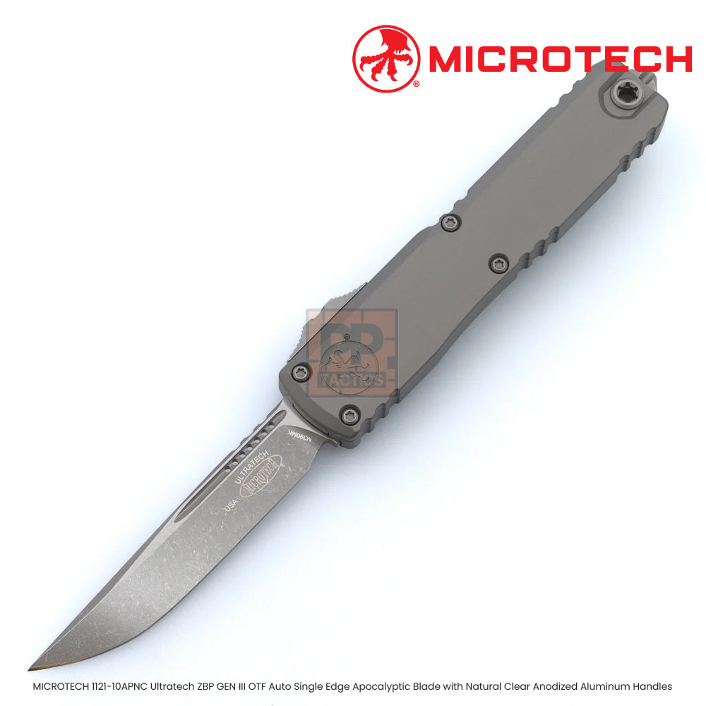 MICROTECH 1121-10APNC Ultratech ZBP GEN III OTF Auto Single Edge Apocalyptic Blade with Natural Clear Anodized Aluminum Handles