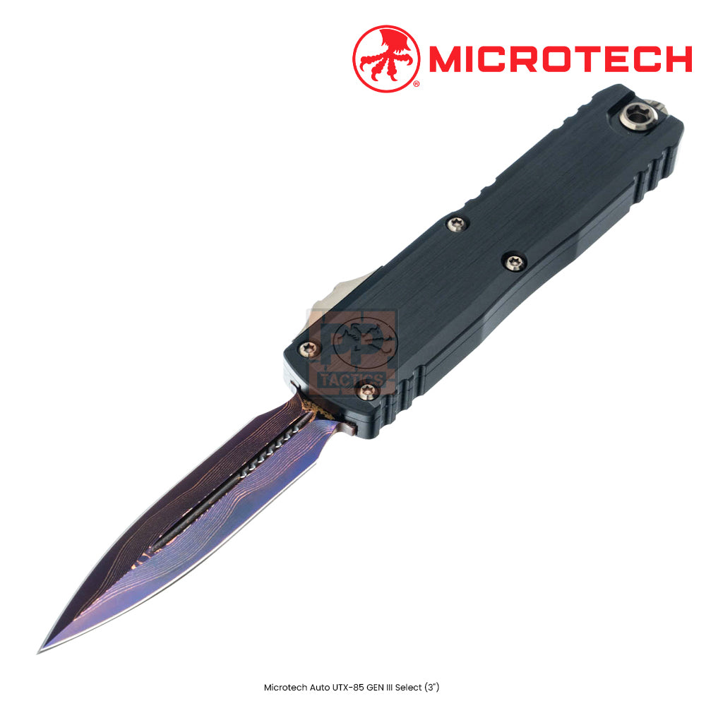 Microtech 1232-16MS3 UTX-85 Gen III D/E Baker Forge Coppermai Damascus -Bronze Hardware - Black Hefted Aircraft Alloy - Blued Blade