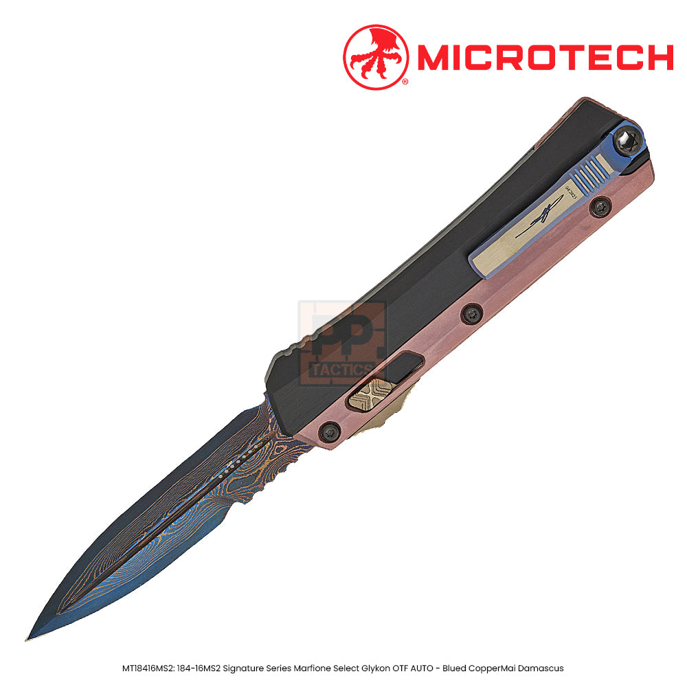 Microtech 184-16MS1 Signature Series Marfione Select Glykon AUTO OTF Knife 3.75" Blued Baker Forge CopperMai Damascus Double Edge Bayonet Blade, Black Hefted Aluminum Handles with Rose Gold PVD Titanium Overlays - 184-16MS2
