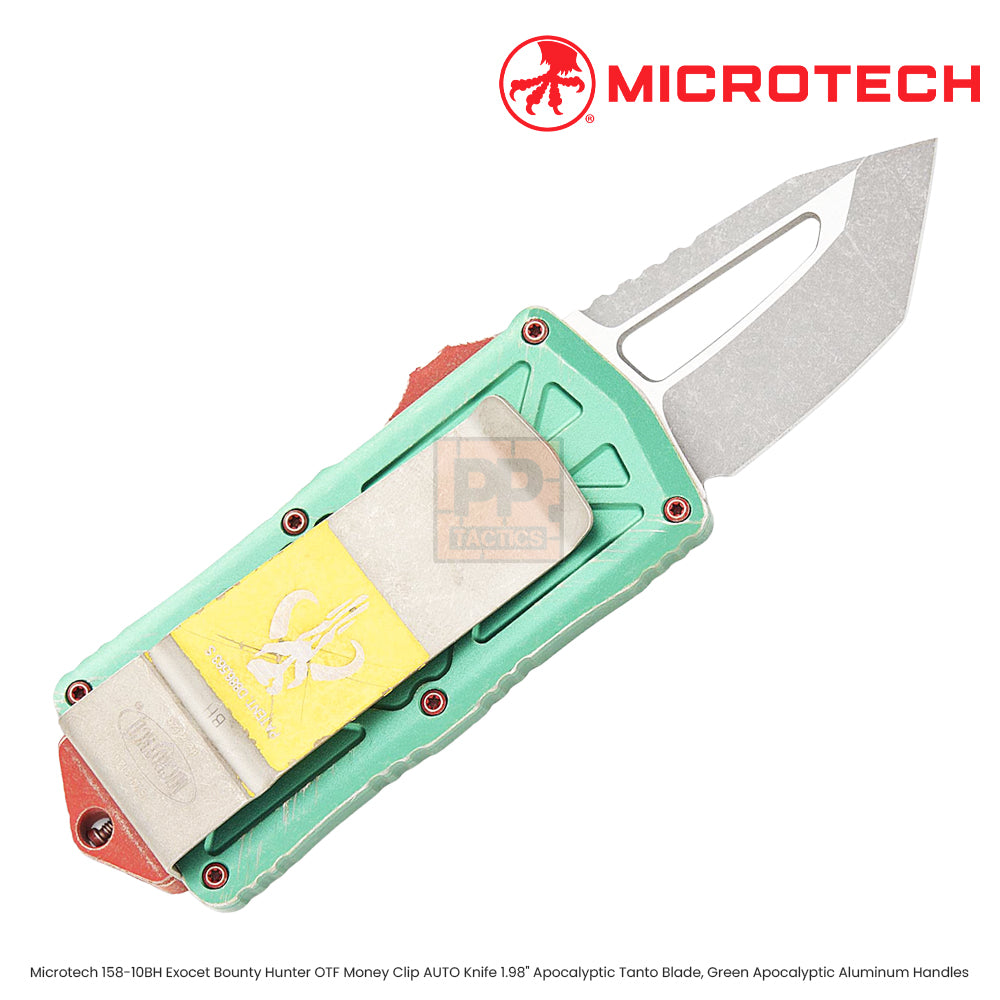 Microtech 158-10BH Exocet Bounty Hunter OTF Money Clip AUTO Knife 1.98" Apocalyptic Tanto Blade, Green Apocalyptic Aluminum Handles