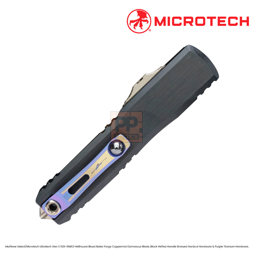 Marfione Select/Microtech Ultratech Gen 3 1129-16MS3 Hellhound Blued Baker Forge Coppermai Damascus Blade, Black Hefted Handle Bronzed Hardcut Hardware & Purple Titanium Hardware.