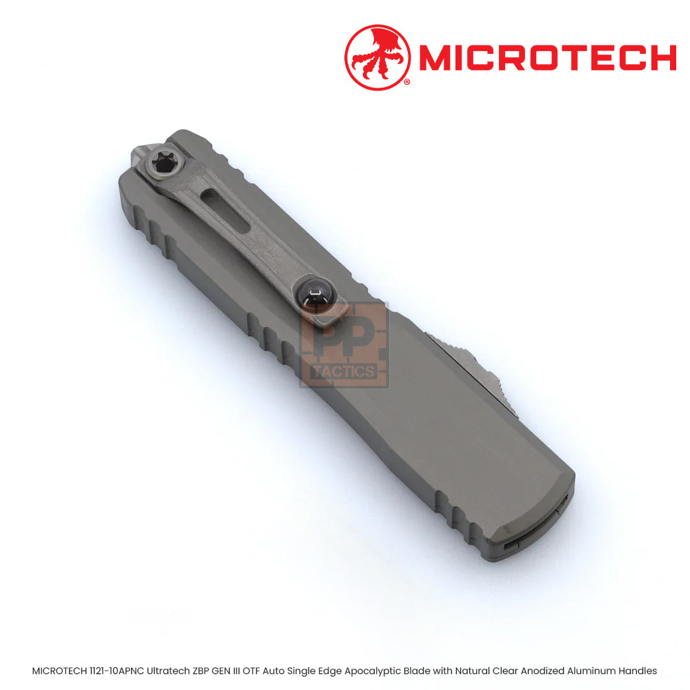 MICROTECH 1121-10APNC Ultratech ZBP GEN III OTF Auto Single Edge Apocalyptic Blade with Natural Clear Anodized Aluminum Handles
