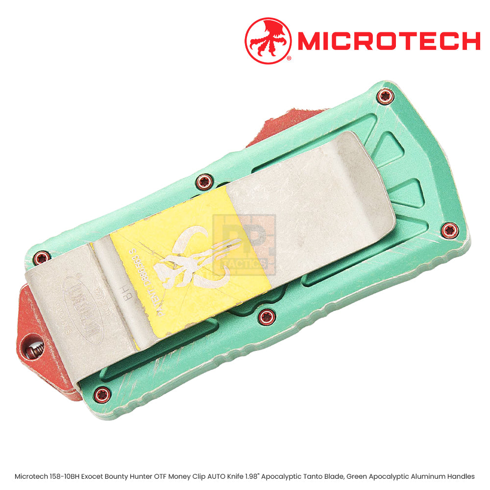 Microtech 158-10BH Exocet Bounty Hunter OTF Money Clip AUTO Knife 1.98" Apocalyptic Tanto Blade, Green Apocalyptic Aluminum Handles