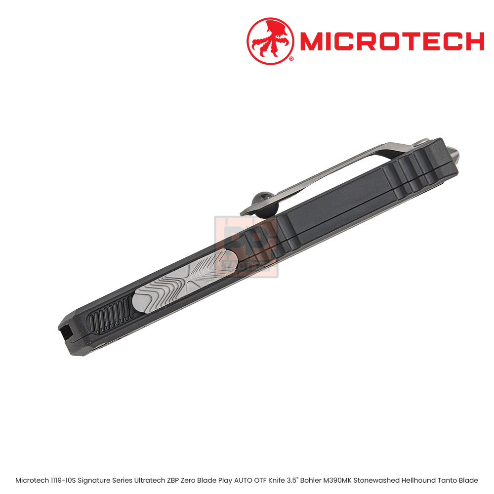 Microtech 1119-10S Signature Series Ultratech ZBP Zero Blade Play AUTO OTF Knife 3.5" Bohler M390MK Stonewashed Hellhound Tanto Blade, Black Hefted Aluminum Handles, Reversible Clip