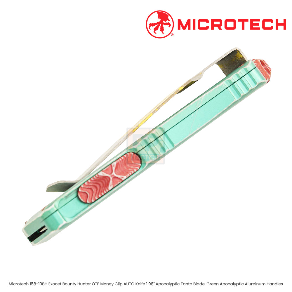 Microtech 158-10BH Exocet Bounty Hunter OTF Money Clip AUTO Knife 1.98" Apocalyptic Tanto Blade, Green Apocalyptic Aluminum Handles