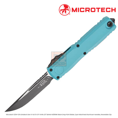 Microtech 11214-1CN Ultratech Gen IV AUTO OTF Knife 3.5" Bohler M390MK Black Drop Point Blade, Cyan Machined Aluminum Handles, Reversible Clip
