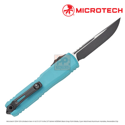 Microtech 11214-1CN Ultratech Gen IV AUTO OTF Knife 3.5" Bohler M390MK Black Drop Point Blade, Cyan Machined Aluminum Handles, Reversible Clip