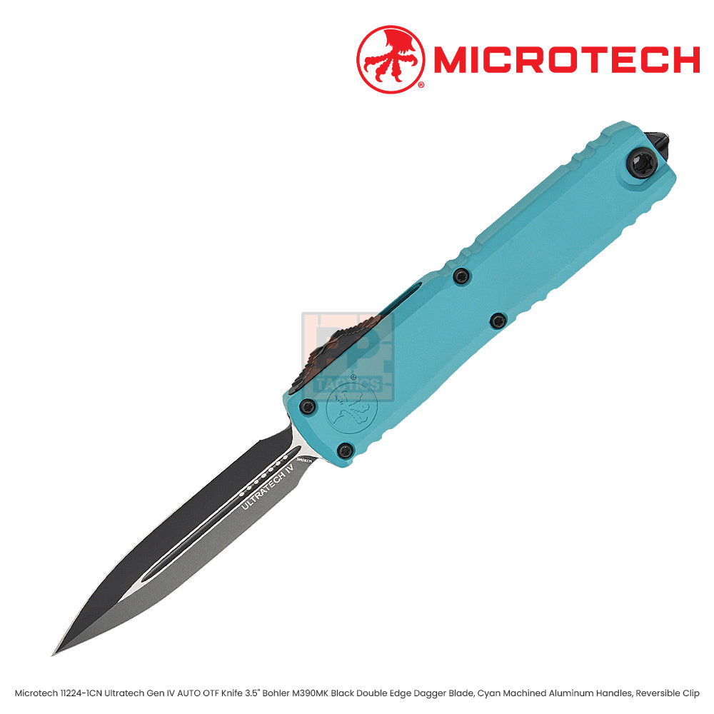 Microtech 11224-1CN Ultratech Gen IV AUTO OTF Knife 3.5" Bohler M390MK Black Double Edge Dagger Blade, Cyan Machined Aluminum Handles, Reversible Clip