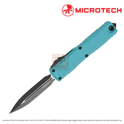 Microtech 11224-1CN Ultratech Gen IV AUTO OTF Knife 3.5" Bohler M390MK Black Double Edge Dagger Blade, Cyan Machined Aluminum Handles, Reversible Clip