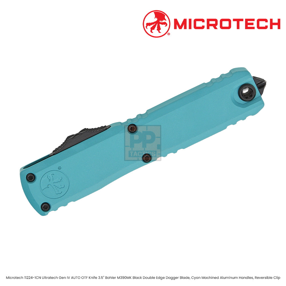 Microtech 11224-1CN Ultratech Gen IV AUTO OTF Knife 3.5" Bohler M390MK Black Double Edge Dagger Blade, Cyan Machined Aluminum Handles, Reversible Clip