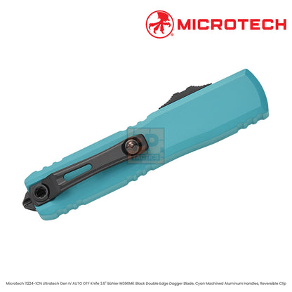 Microtech 11224-1CN Ultratech Gen IV AUTO OTF Knife 3.5" Bohler M390MK Black Double Edge Dagger Blade, Cyan Machined Aluminum Handles, Reversible Clip