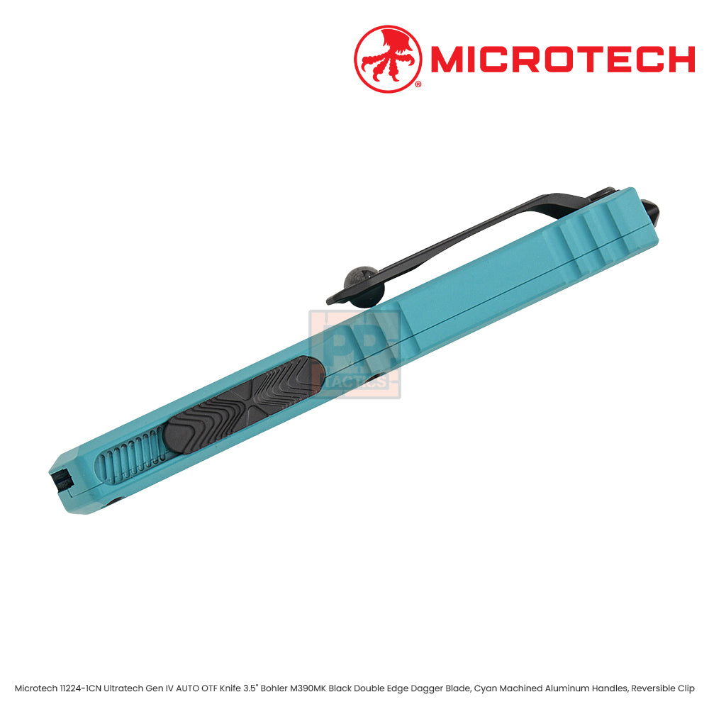 Microtech 11224-1CN Ultratech Gen IV AUTO OTF Knife 3.5" Bohler M390MK Black Double Edge Dagger Blade, Cyan Machined Aluminum Handles, Reversible Clip