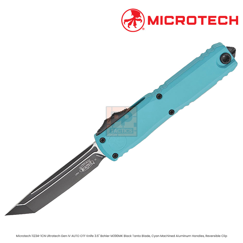 Microtech 11234-1CN Ultratech Gen IV AUTO OTF Knife 3.5" Bohler M390MK Black Tanto Blade, Cyan Machined Aluminum Handles, Reversible Clip