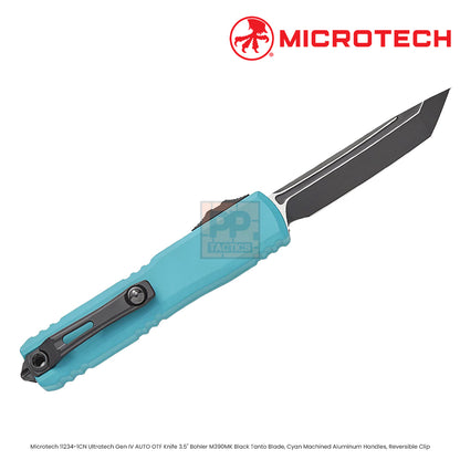 Microtech 11234-1CN Ultratech Gen IV AUTO OTF Knife 3.5" Bohler M390MK Black Tanto Blade, Cyan Machined Aluminum Handles, Reversible Clip
