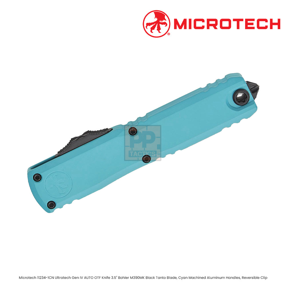 Microtech 11234-1CN Ultratech Gen IV AUTO OTF Knife 3.5" Bohler M390MK Black Tanto Blade, Cyan Machined Aluminum Handles, Reversible Clip
