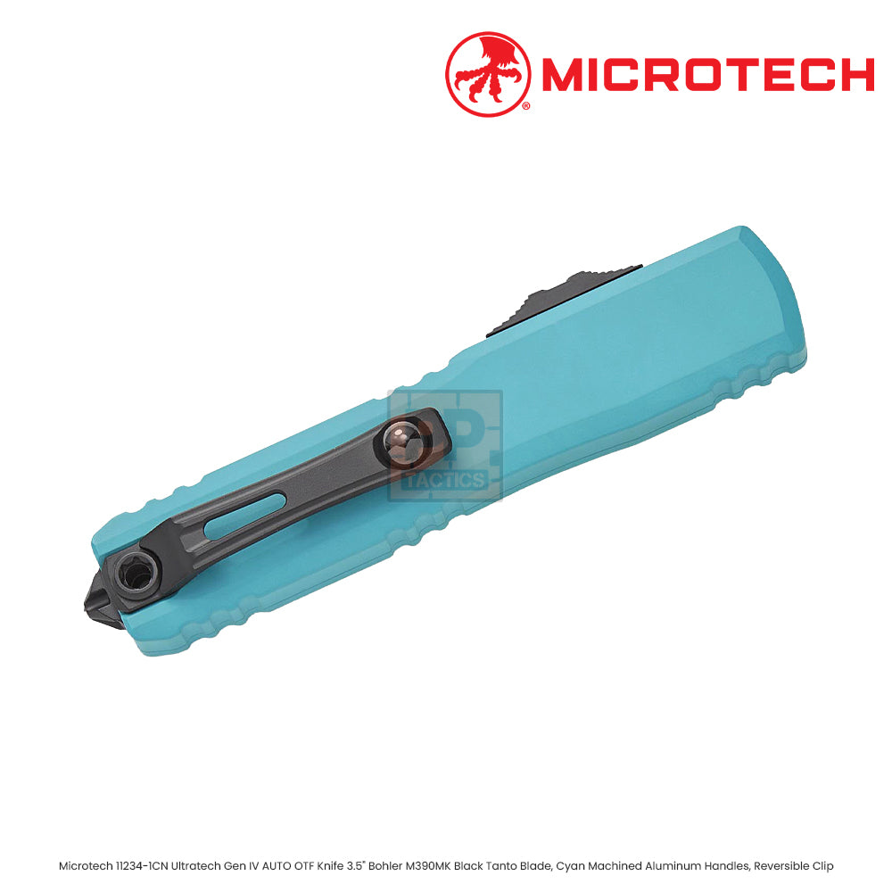 Microtech 11234-1CN Ultratech Gen IV AUTO OTF Knife 3.5" Bohler M390MK Black Tanto Blade, Cyan Machined Aluminum Handles, Reversible Clip