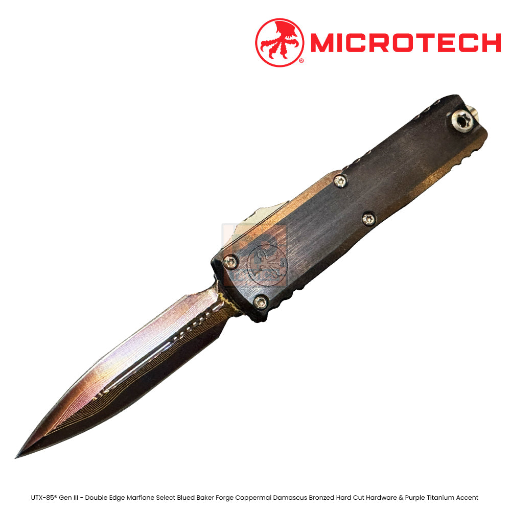 Microtech UTX-85® Gen III - Double Edge  Marfione Select  Blued Baker Forge  Coppermai Damascus  Hefted Alloy  Bronzed Hard Cut Hardware  &amp; Purple Titanium Accent
