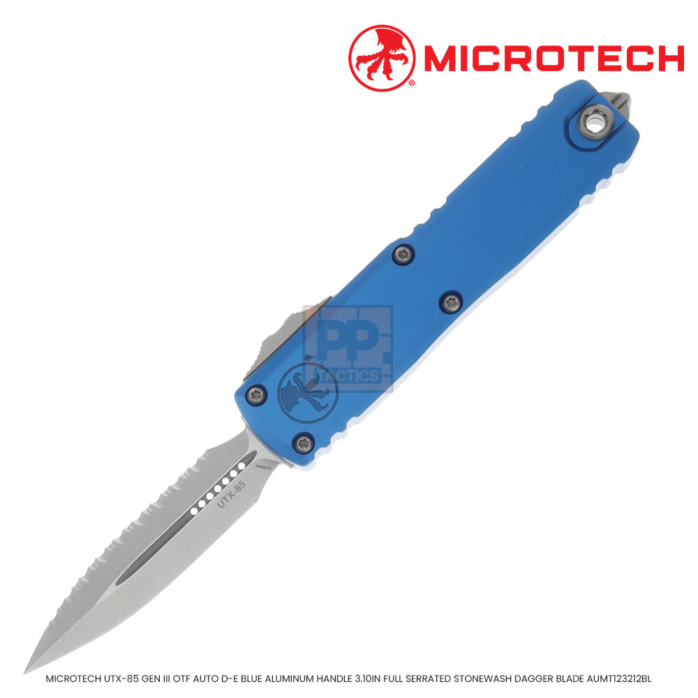 MICROTECH UTX-85 GEN III OTF AUTO D-E BLUE ALUMINUM HANDLE 3.10IN FULL SERRATED STONEWASH DAGGER BLADE AUMT123212BL