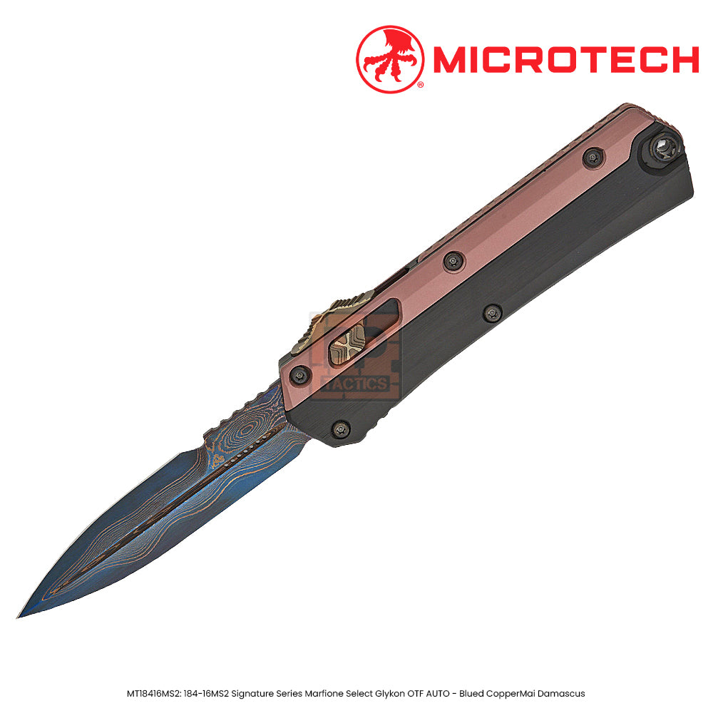 Microtech 184-16MS1 Signature Series Marfione Select Glykon AUTO OTF Knife 3.75" Blued Baker Forge CopperMai Damascus Double Edge Bayonet Blade, Black Hefted Aluminum Handles with Rose Gold PVD Titanium Overlays - 184-16MS2