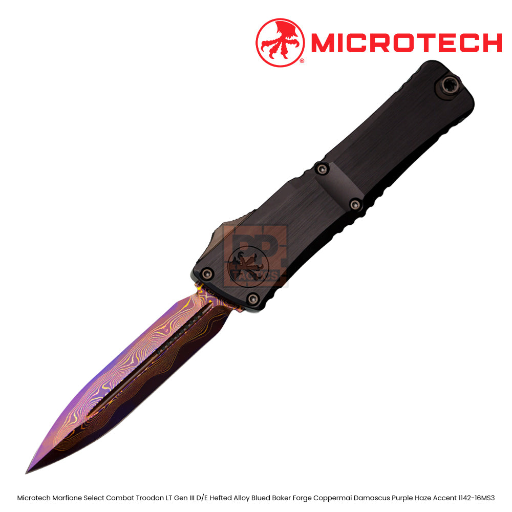 Microtech Marfione Select Combat Troodon LT Gen III D/E Hefted Alloy Blued Baker Forge Coppermai Damascus Purple Haze Accent 1142-16MS3