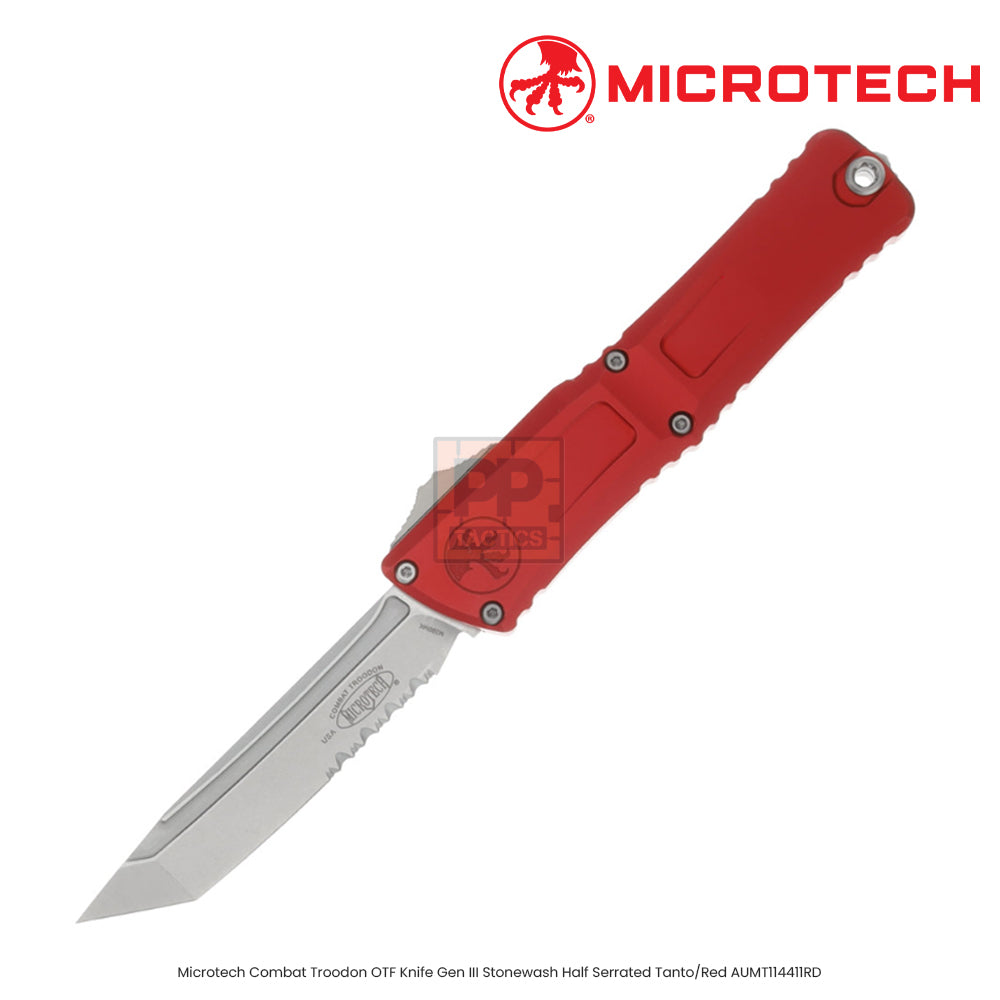Microtech Combat Troodon OTF Knife Gen III Stonewash Half Serrated Tanto/Red AUMT114411RD