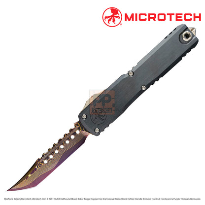 Marfione Select/Microtech Ultratech Gen 3 1129-16MS3 Hellhound Blued Baker Forge Coppermai Damascus Blade, Black Hefted Handle Bronzed Hardcut Hardware &amp; Purple Titanium Hardware.