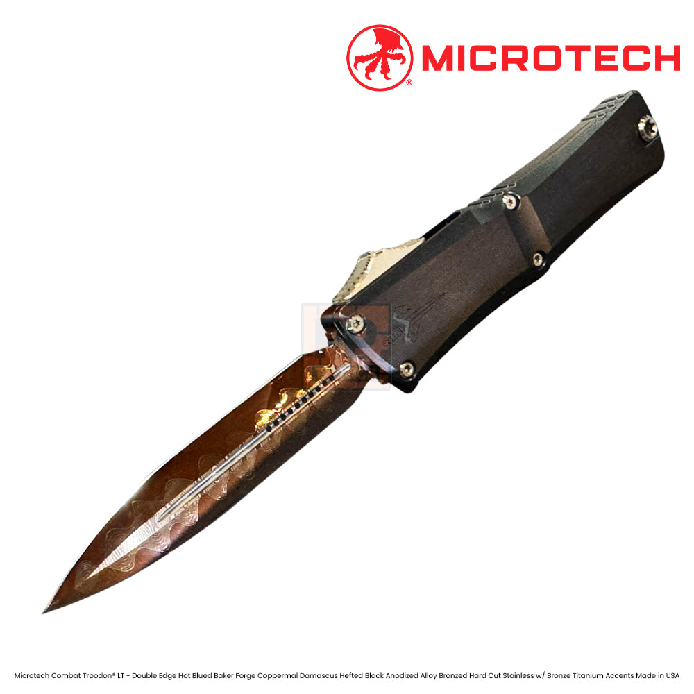 Microtech Combat Troodon® LT - Double Edge Hot Blued Baker Forge Coppermal Damascus Hefted Black Anodized Alloy Bronzed Hard Cut Stainless w/ Bronze Titanium Accents Made in USA