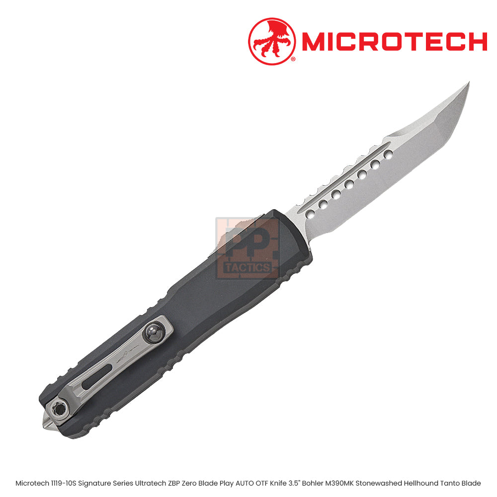 Microtech 1119-10S Signature Series Ultratech ZBP Zero Blade Play AUTO OTF Knife 3.5" Bohler M390MK Stonewashed Hellhound Tanto Blade, Black Hefted Aluminum Handles, Reversible Clip