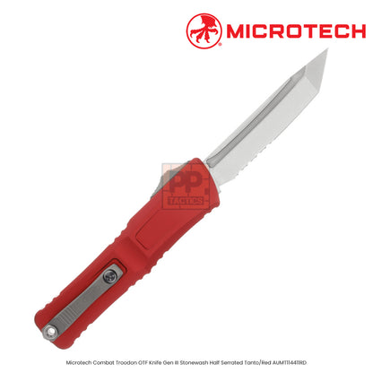 Microtech Combat Troodon OTF Knife Gen III Stonewash Half Serrated Tanto/Red AUMT114411RD