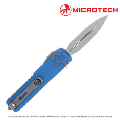 MICROTECH UTX-85 GEN III OTF AUTO D-E BLUE ALUMINUM HANDLE 3.10IN FULL SERRATED STONEWASH DAGGER BLADE AUMT123212BL