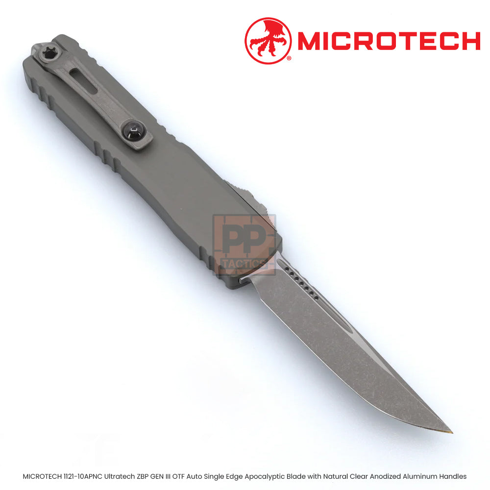 MICROTECH 1121-10APNC Ultratech ZBP GEN III OTF Auto Single Edge Apocalyptic Blade with Natural Clear Anodized Aluminum Handles
