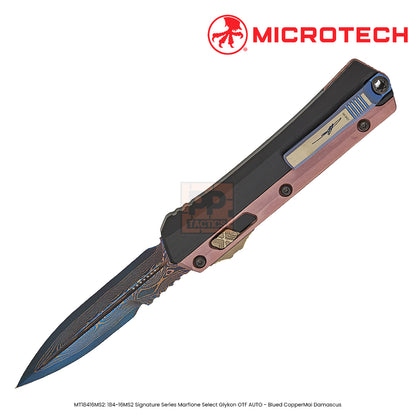 Microtech 184-16MS1 Signature Series Marfione Select Glykon AUTO OTF Knife 3.75" Blued Baker Forge CopperMai Damascus Double Edge Bayonet Blade, Black Hefted Aluminum Handles with Rose Gold PVD Titanium Overlays - 184-16MS2