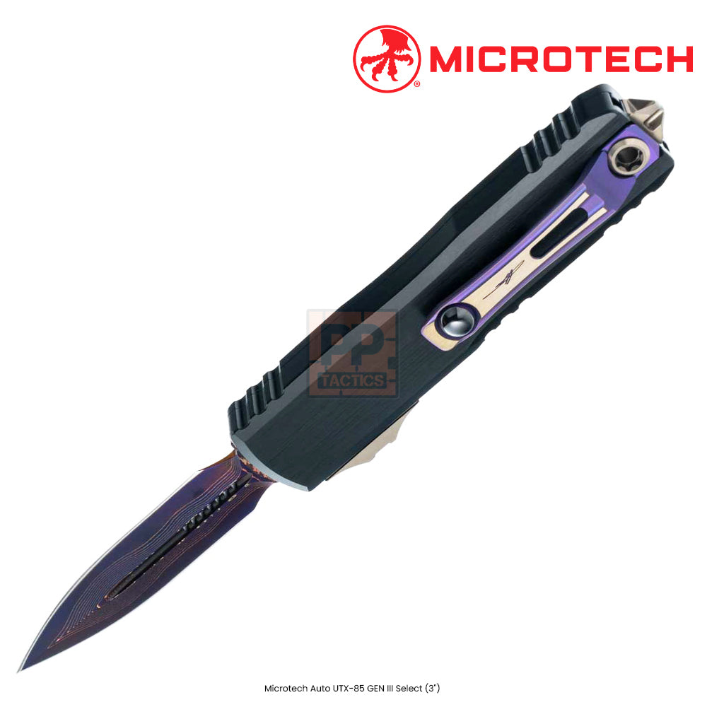 Microtech 1232-16MS3 UTX-85 Gen III D/E Baker Forge Coppermai Damascus -Bronze Hardware - Black Hefted Aircraft Alloy - Blued Blade