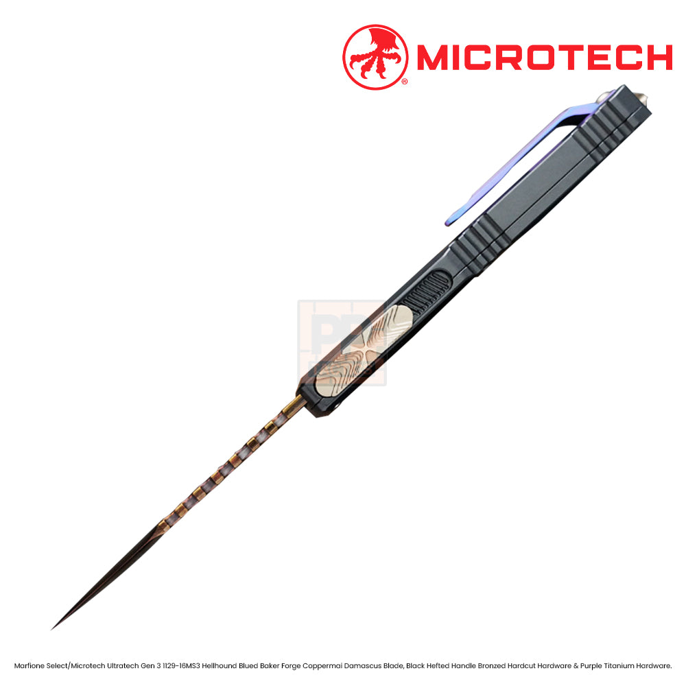 Marfione Select/Microtech Ultratech Gen 3 1129-16MS3 Hellhound Blued Baker Forge Coppermai Damascus Blade, Black Hefted Handle Bronzed Hardcut Hardware &amp; Purple Titanium Hardware.