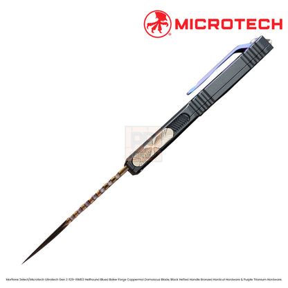 Marfione Select/Microtech Ultratech Gen 3 1129-16MS3 Hellhound Blued Baker Forge Coppermai Damascus Blade, Black Hefted Handle Bronzed Hardcut Hardware &amp; Purple Titanium Hardware.