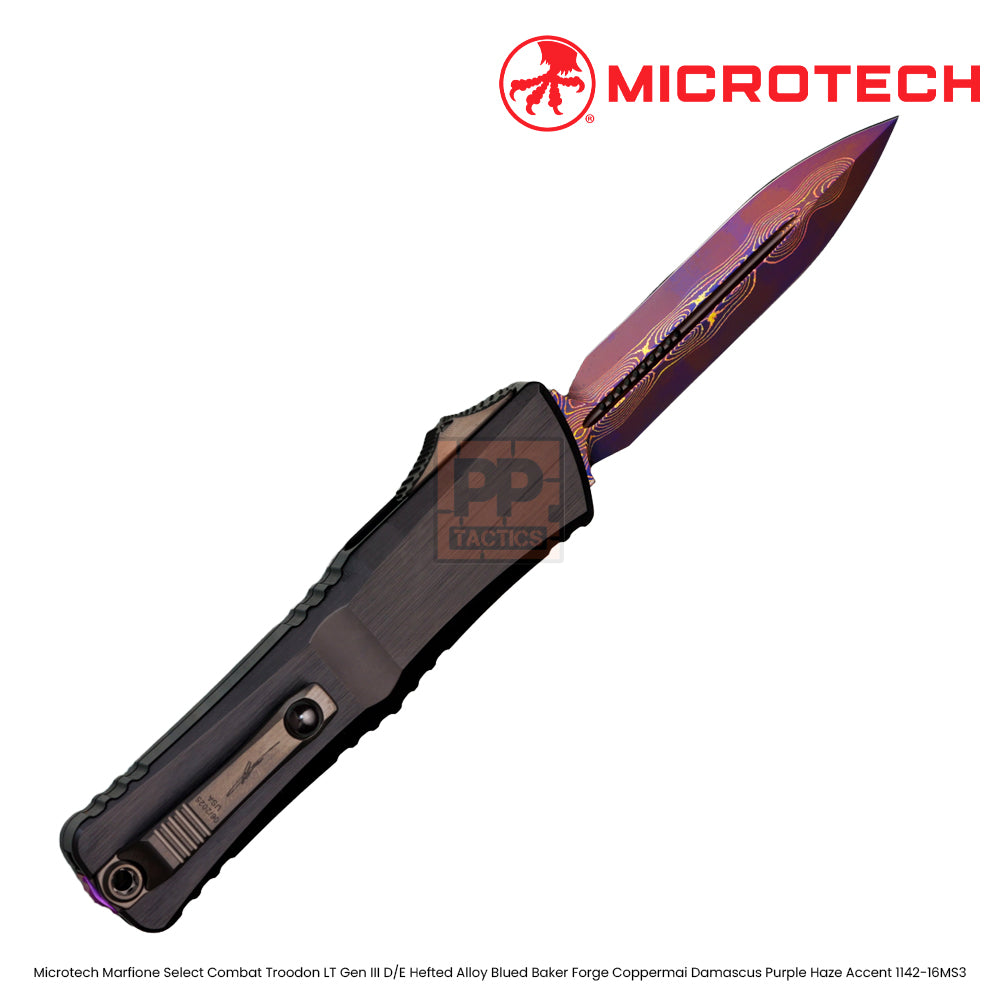Microtech Marfione Select Combat Troodon LT Gen III D/E Hefted Alloy Blued Baker Forge Coppermai Damascus Purple Haze Accent 1142-16MS3