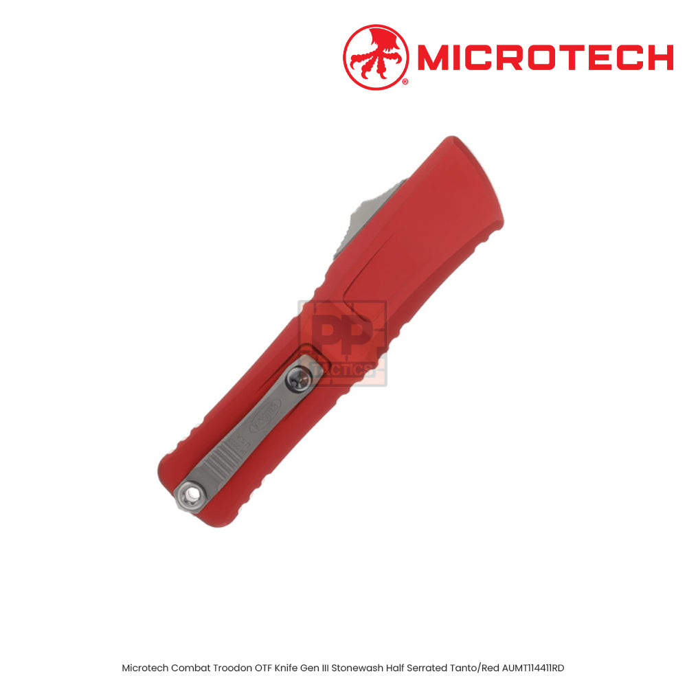 Microtech Combat Troodon OTF Knife Gen III Stonewash Half Serrated Tanto/Red AUMT114411RD