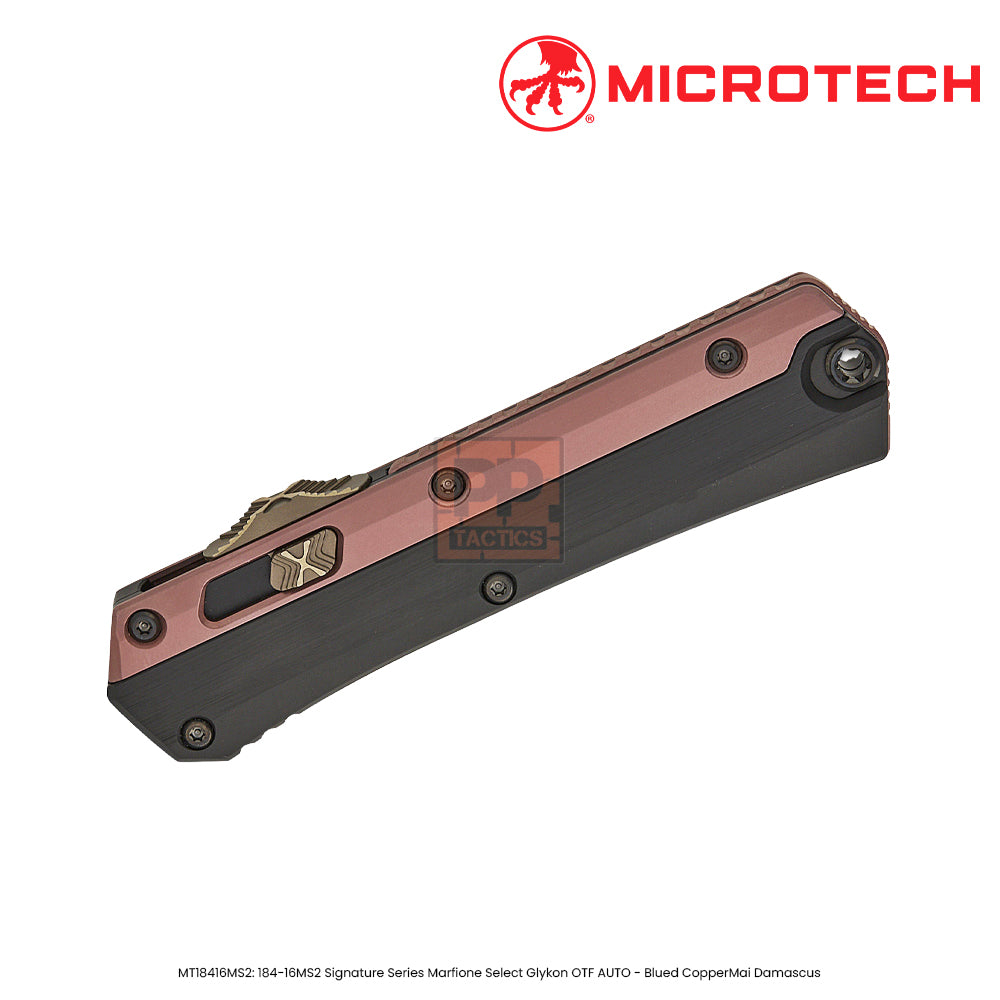 Microtech 184-16MS1 Signature Series Marfione Select Glykon AUTO OTF Knife 3.75" Blued Baker Forge CopperMai Damascus Double Edge Bayonet Blade, Black Hefted Aluminum Handles with Rose Gold PVD Titanium Overlays - 184-16MS2