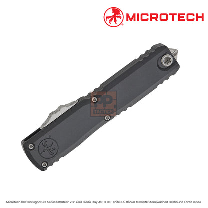 Microtech 1119-10S Signature Series Ultratech ZBP Zero Blade Play AUTO OTF Knife 3.5" Bohler M390MK Stonewashed Hellhound Tanto Blade, Black Hefted Aluminum Handles, Reversible Clip