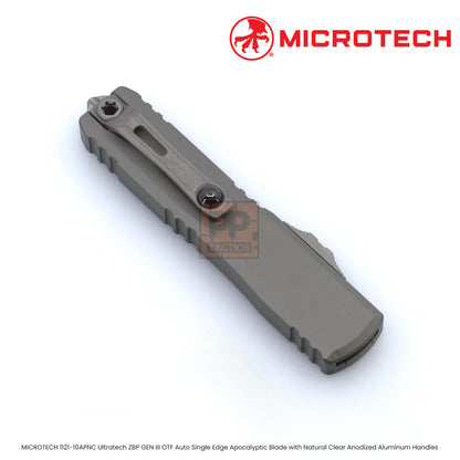 MICROTECH 1121-10APNC Ultratech ZBP GEN III OTF Auto Single Edge Apocalyptic Blade with Natural Clear Anodized Aluminum Handles