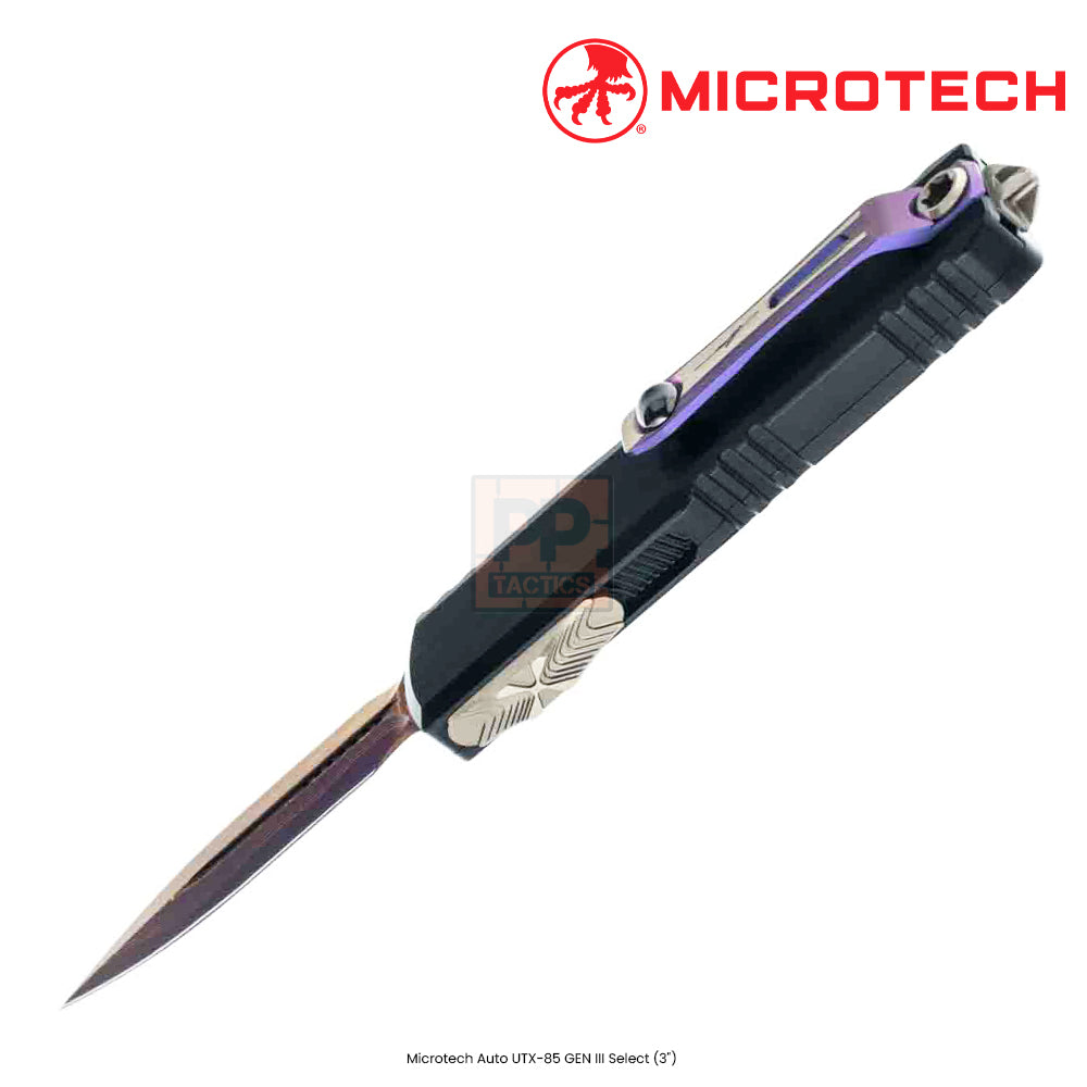 Microtech 1232-16MS3 UTX-85 Gen III D/E Baker Forge Coppermai Damascus -Bronze Hardware - Black Hefted Aircraft Alloy - Blued Blade