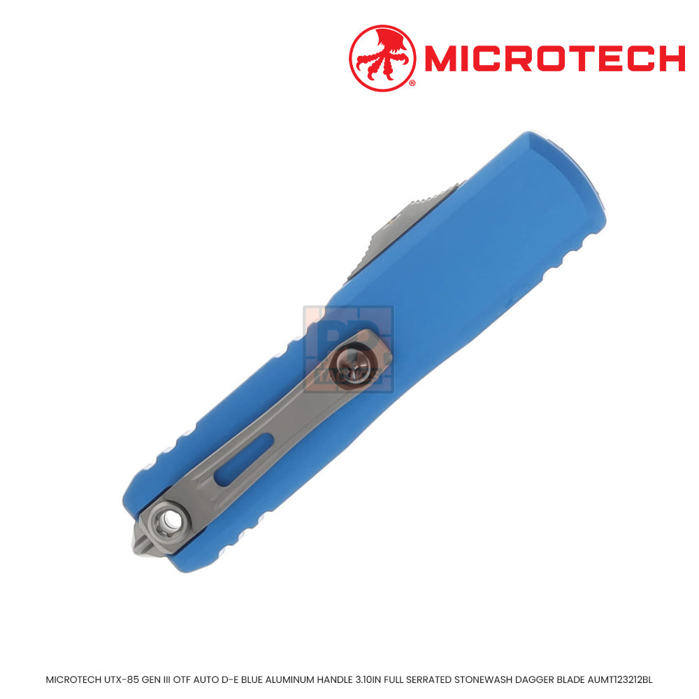 MICROTECH UTX-85 GEN III OTF AUTO D-E BLUE ALUMINUM HANDLE 3.10IN FULL SERRATED STONEWASH DAGGER BLADE AUMT123212BL