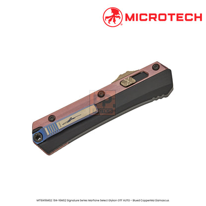 Microtech 184-16MS1 Signature Series Marfione Select Glykon AUTO OTF Knife 3.75" Blued Baker Forge CopperMai Damascus Double Edge Bayonet Blade, Black Hefted Aluminum Handles with Rose Gold PVD Titanium Overlays - 184-16MS2