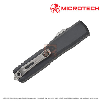 Microtech 1119-10S Signature Series Ultratech ZBP Zero Blade Play AUTO OTF Knife 3.5" Bohler M390MK Stonewashed Hellhound Tanto Blade, Black Hefted Aluminum Handles, Reversible Clip