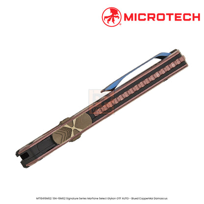 Microtech 184-16MS1 Signature Series Marfione Select Glykon AUTO OTF Knife 3.75" Blued Baker Forge CopperMai Damascus Double Edge Bayonet Blade, Black Hefted Aluminum Handles with Rose Gold PVD Titanium Overlays - 184-16MS2