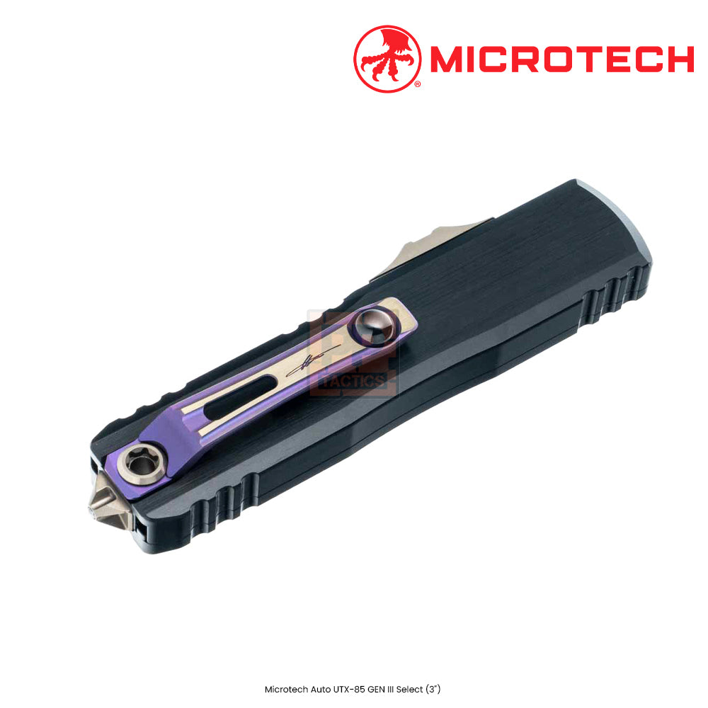 Microtech 1232-16MS3 UTX-85 Gen III D/E Baker Forge Coppermai Damascus -Bronze Hardware - Black Hefted Aircraft Alloy - Blued Blade